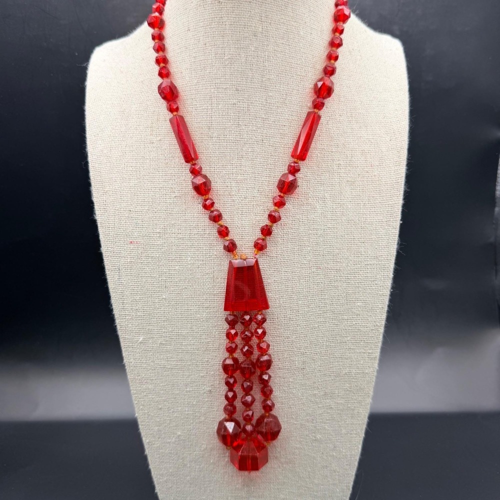 Art Deco Red Czech Glass Sautoir Necklace w Tassel Drop